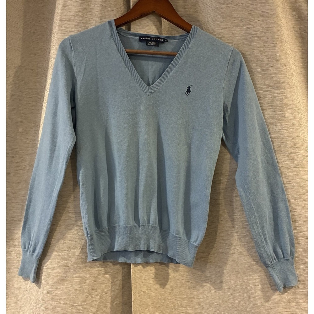 Ralph Lauren Womens Blue V-Neck Pima Cotton Italian Yarn Pony Sweater Size M